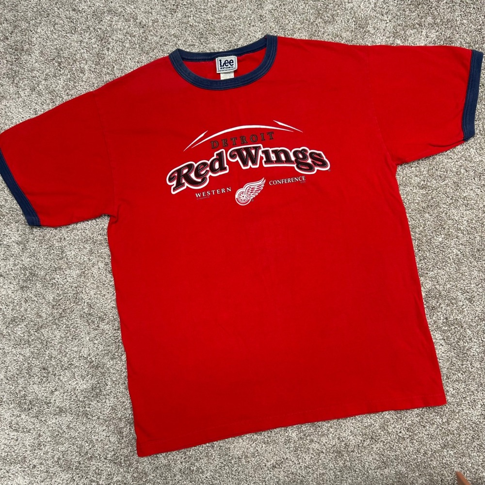 Vintage Detroit Red Wings Ringer Tshirt Men Size Large Lee Sport Hockey NHL y2k